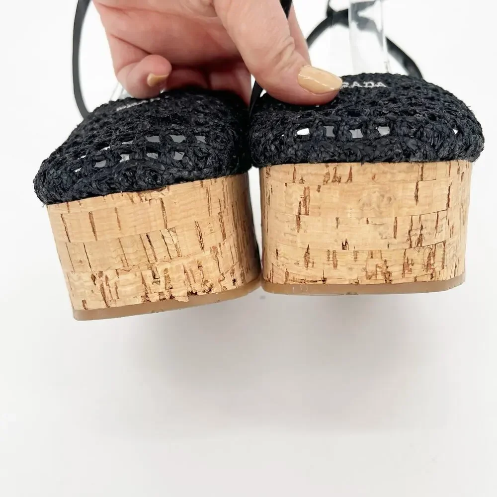 Prada Black Raffia Crochet Logo Cork Platform Lace Up Ankle Tie Sandals IT 41